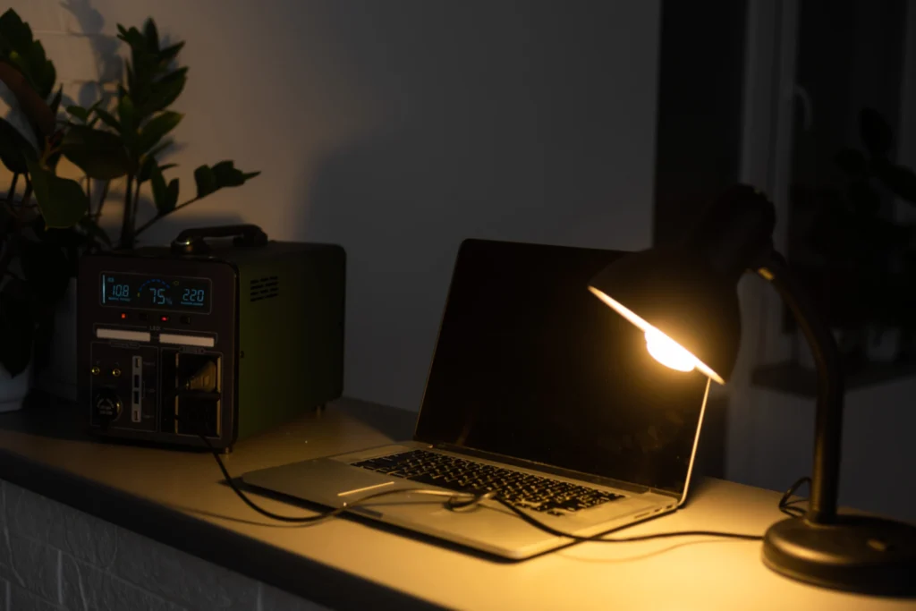 Portable power station powering a laptop and desk lamp in a dark room
